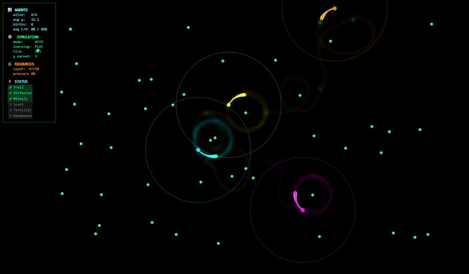 Emergence Engine simulation with glowing agents, resource points, sensing fields, and trails